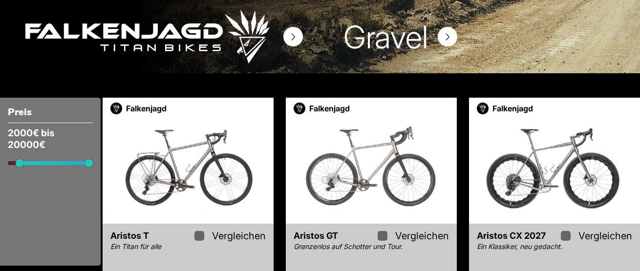 Modellübersicht mit Preisauswahl und drei Falkenjagd-Modellen zum Vergleichen